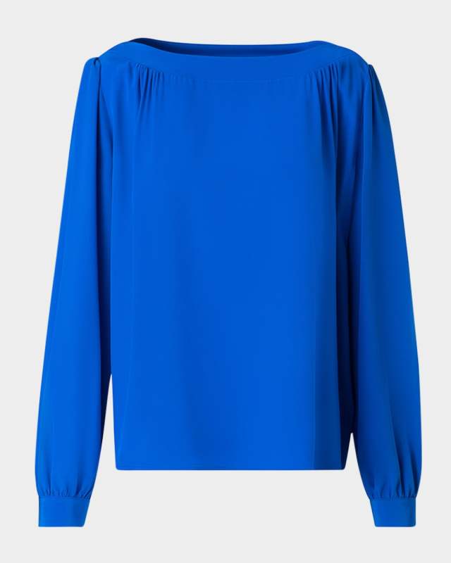 Boat-Neck Long-Sleeve Silk Crepe Blouse